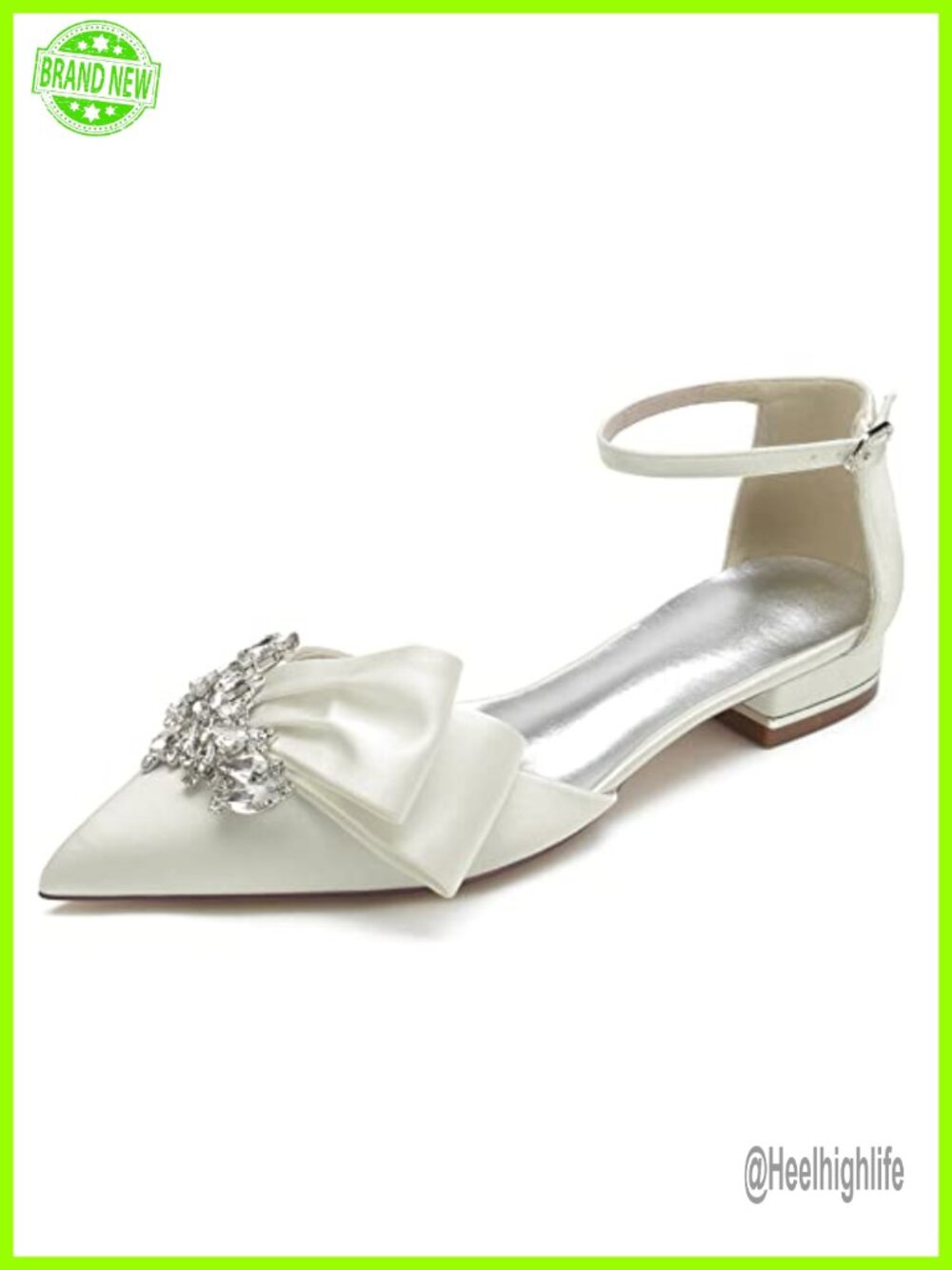 Women's Pointed Toe Satin Crystal Wedding Flats with Ankle Strap Low Heel